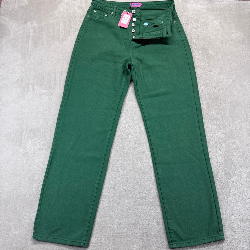 Edikted Jeans Women's Large Reigan Green High Rise Button Fly Wide Straight Leg